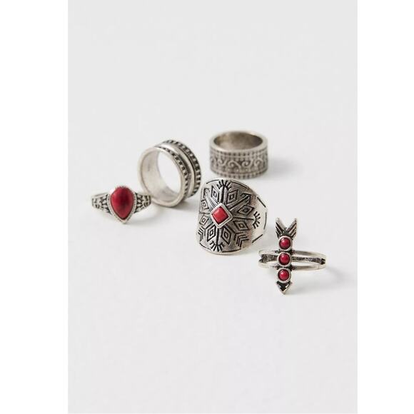 Free People Count Your Lucky Stars Ring Set in Silver Red Western Bohemian - Picture 7 of 8